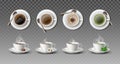 vector collection of white coffee cups with spoons in side and top view- cappuccino, americano, black tea and green tea. Royalty Free Stock Photo