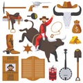 Vector collection of wild west objects isolated on white. Man on bull in rodeo, gold rush accessories, saloon door, wanted dead or