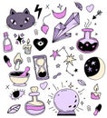 Vector collection of witch - Amulets, magic, witchcraft and occult ritual objects. cat and magic ball, love potion and