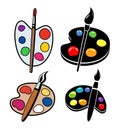 Vector collection of wooden art palettes with blobs of paint and brushes Royalty Free Stock Photo