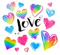 Collections of grunge rainbow colored hearts