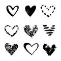 Vector collections of hand drawn grunge Valentine hearts isolated on transparent background. Heart symbol by hand