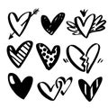 Vector collections of hand drawn hearts isolated on transparent background. Heart symbol by hand. Various style hand