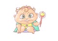 Vector color cartoon illustration angry child. The chubby curly frown kid in turquoise clothes and a bib. Unhappy baby with a ratt