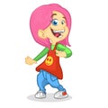 Vector color cartoon image of a cute teenage girl in fashion clothes. Little girl with pink hair. Little girl is dancing and smili Royalty Free Stock Photo