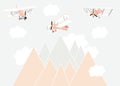 Vector color children hand drawn mountain, aircraft, plane and clouds illustration in scandinavian style. Mountain Royalty Free Stock Photo