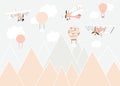 Vector color children hand drawn mountain, aircraft, plane and stars illustration in scandinavian style. Mountain Royalty Free Stock Photo