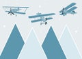 Vector color children hand drawn mountain, aircraft, plane and clouds illustration in scandinavian style. Mountain Royalty Free Stock Photo