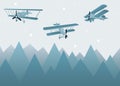 Vector color children hand drawn mountain, aircraft, plane and stars illustration in scandinavian style. Mountain Royalty Free Stock Photo