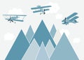 Vector color children hand drawn mountain, aircraft, plane and stars illustration in scandinavian style. Mountain Royalty Free Stock Photo