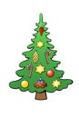 Vector color Christmas tree decorated with xmas balls, toys, decorations. Clip art for New year, Xmas