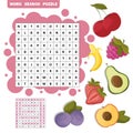 Vector crossword, education game for children about fruits. Word search puzzle Royalty Free Stock Photo