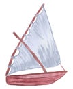 Vector color drawing of one sailing boat, stylized as a watercolor. Simple clipart of dhow fishing vessel isolated on white Royalty Free Stock Photo