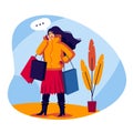 Vector color flat style illustration. Shopping girl talking on the phone. Fashionable young woman comes with bags in her hands. Th