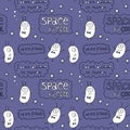 Vector color funny seamless pattern with cute monsters aliens, space doodles and lettering. Background and texture for fabric, Royalty Free Stock Photo