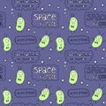 Vector color funny seamless pattern with cute monsters aliens, space doodles and lettering. Background and texture for fabric, Royalty Free Stock Photo