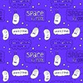 Vector color funny seamless pattern with cute monsters aliens, space doodles and lettering. Background and texture for fabric, Royalty Free Stock Photo