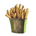 Vector color hand drawn tasty french fries in paper box. Royalty Free Stock Photo