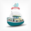 Vector color handdrawn illustration of a fishing boat. Side view.