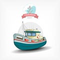 Vector color handdrawn illustration of a fishing boat. Side view.