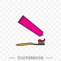 Vector color icon of toothbrush and a tube of toothpaste. Toothpaste is squeezed from a tube onto a toothbrush.Toothbrush icon