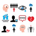 Depression, stress, anxiety vector icons set - mental health concept, depressed poeple design Royalty Free Stock Photo