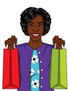 Vector color illustration of a beautiful african american woman shopping. Royalty Free Stock Photo