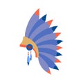 Vector color illustration icon with ceremonial indian chief feather crown. Wild west symbolic textile element