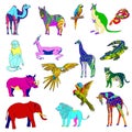 Vector color illustration. Set of animals, parrot, giraffe, monkey, gazelle, elephant, rhinoceros, kangaroo, camel, lion, zebra, c
