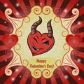 Color illustration on the theme of Valentines day, heart with devil horns winking with the eye, ready for the layout design, Royalty Free Stock Photo