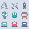 Vector color illustration transport icons. Airplane, car, bus, ship Royalty Free Stock Photo