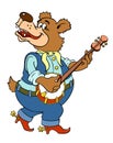 Vector color image of a musician bear isolated on white. Funny bear in blue jeans plays the banjo. Cartoon bear playing the banjo