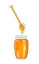 Honey, draining from ladle into glass jar. Vector illustration.