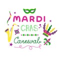 Vector color lettering for Mardi Gras carnival.Mardi gras party design. Collection of french traditional mardi gras symbols Royalty Free Stock Photo