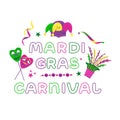 Vector color lettering for Mardi Gras carnival.Mardi gras party design. Collection of french traditional mardi gras symbols Royalty Free Stock Photo