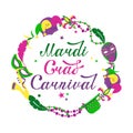 Vector color lettering for Mardi Gras carnival.Mardi gras party design. Collection of french traditional mardi gras symbols Royalty Free Stock Photo