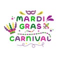 Vector color lettering for Mardi Gras carnival.Mardi gras party design. Collection of french traditional mardi gras symbols Royalty Free Stock Photo