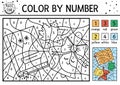 Vector color by number activity with cute kawaii book, bell and maple leaf. Back to school coloring and counting game with comic