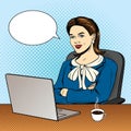 Vector color pop art comic style illustration of a business woman sitting at the computer. Royalty Free Stock Photo