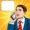 Vector color pop art comic style illustration of a young man talking on a cell phone. Royalty Free Stock Photo