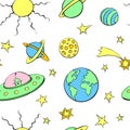 Vector color seamless childish pattern with cute aliens, planets, stars, Flying Saucers, UFO. Funny background, texture