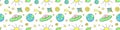 Vector color seamless childish pattern with cute aliens, planets, stars, Flying Saucers, UFO. Funny color texture