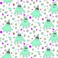 Vector color seamless childish pattern with cute monsters aliens and space doodles. Background and texture for fabric, wrapping, Royalty Free Stock Photo