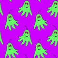 Vector color seamless repeating childish pattern with cute funny monsters aliens and space doodles. Cosmic or Halloween background Royalty Free Stock Photo