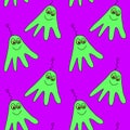 Vector color seamless repeating childish pattern with cute funny monsters aliens and space doodles. Cosmic or Halloween background Royalty Free Stock Photo