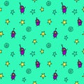 Vector color seamless repeating childish pattern with cute monsters aliens and space doodles. Baby background perfect for fabric, Royalty Free Stock Photo