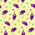 Vector color seamless repeating childish pattern with cute monsters aliens and space doodles. Baby background perfect for fabric, Royalty Free Stock Photo