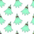 Vector color seamless repeating childish pattern with cute monsters aliens and space doodles. Background and texture for fabric, Royalty Free Stock Photo