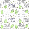 Vector color seamless repeating childish pattern with cute monsters aliens and space doodles and lettering. Baby background Royalty Free Stock Photo