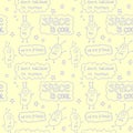 Vector color seamless repeating childish pattern with cute monsters aliens and space doodles and lettering. Baby background Royalty Free Stock Photo